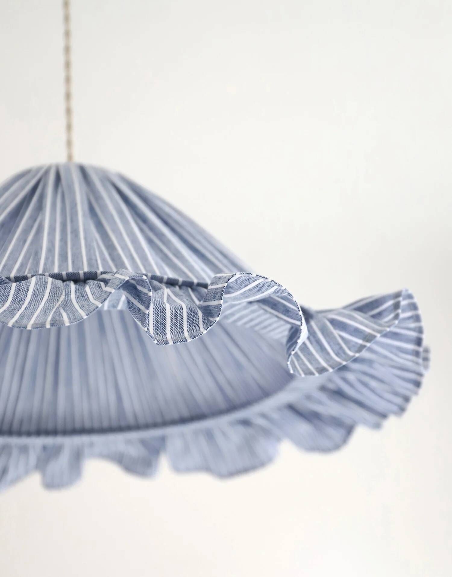 Suspension Emilia, pleated lampshade with frills, blue stripes.