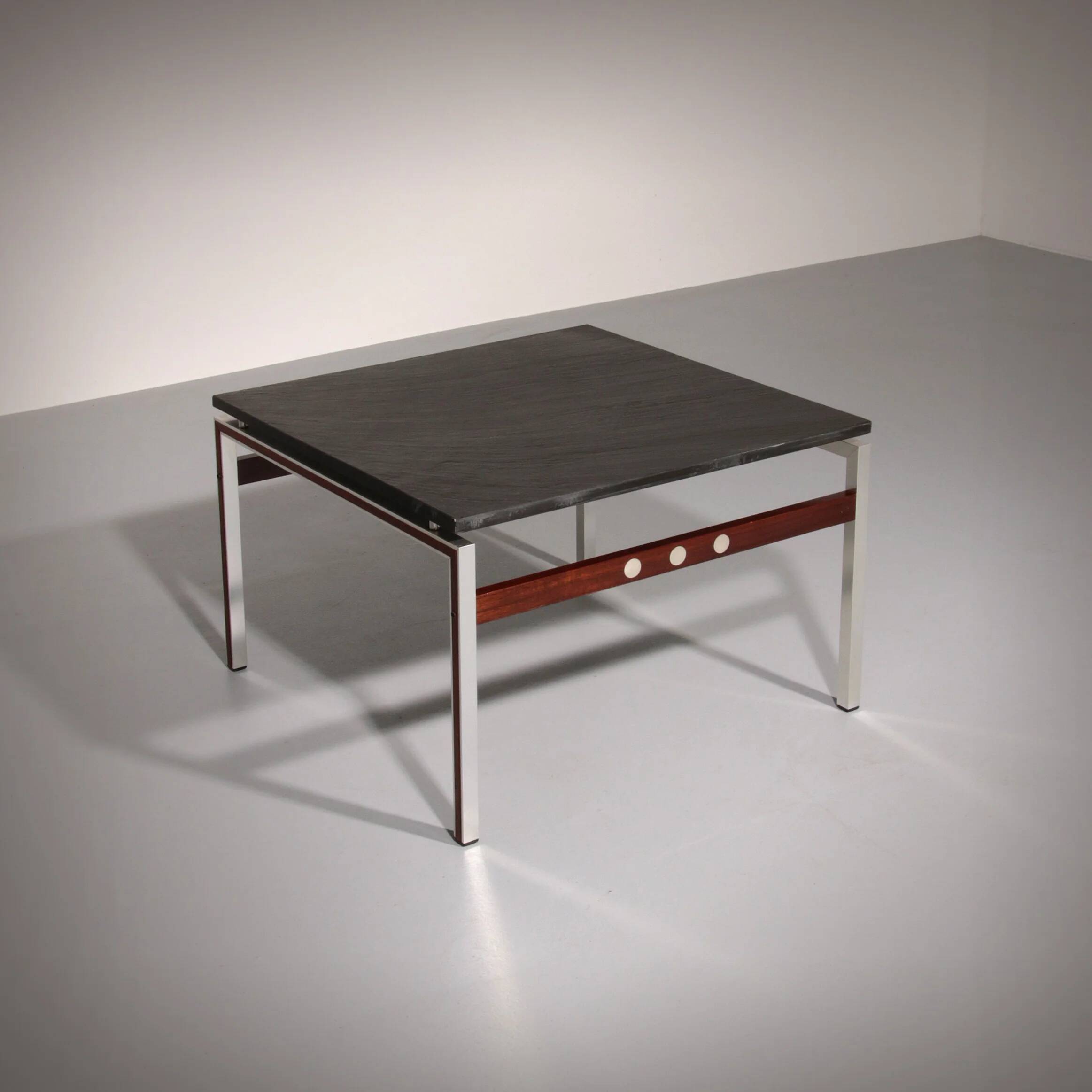 Table basse en ardoise, chrome et bois, 1970 Danemark