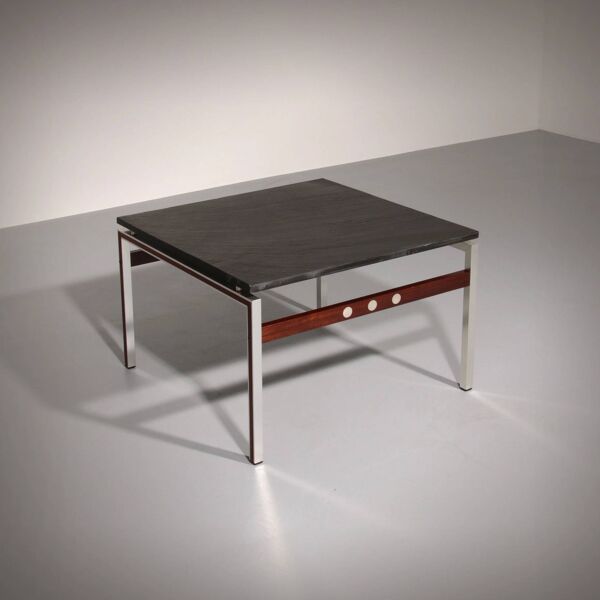 Table basse en ardoise, chrome et bois, 1970 Danemark