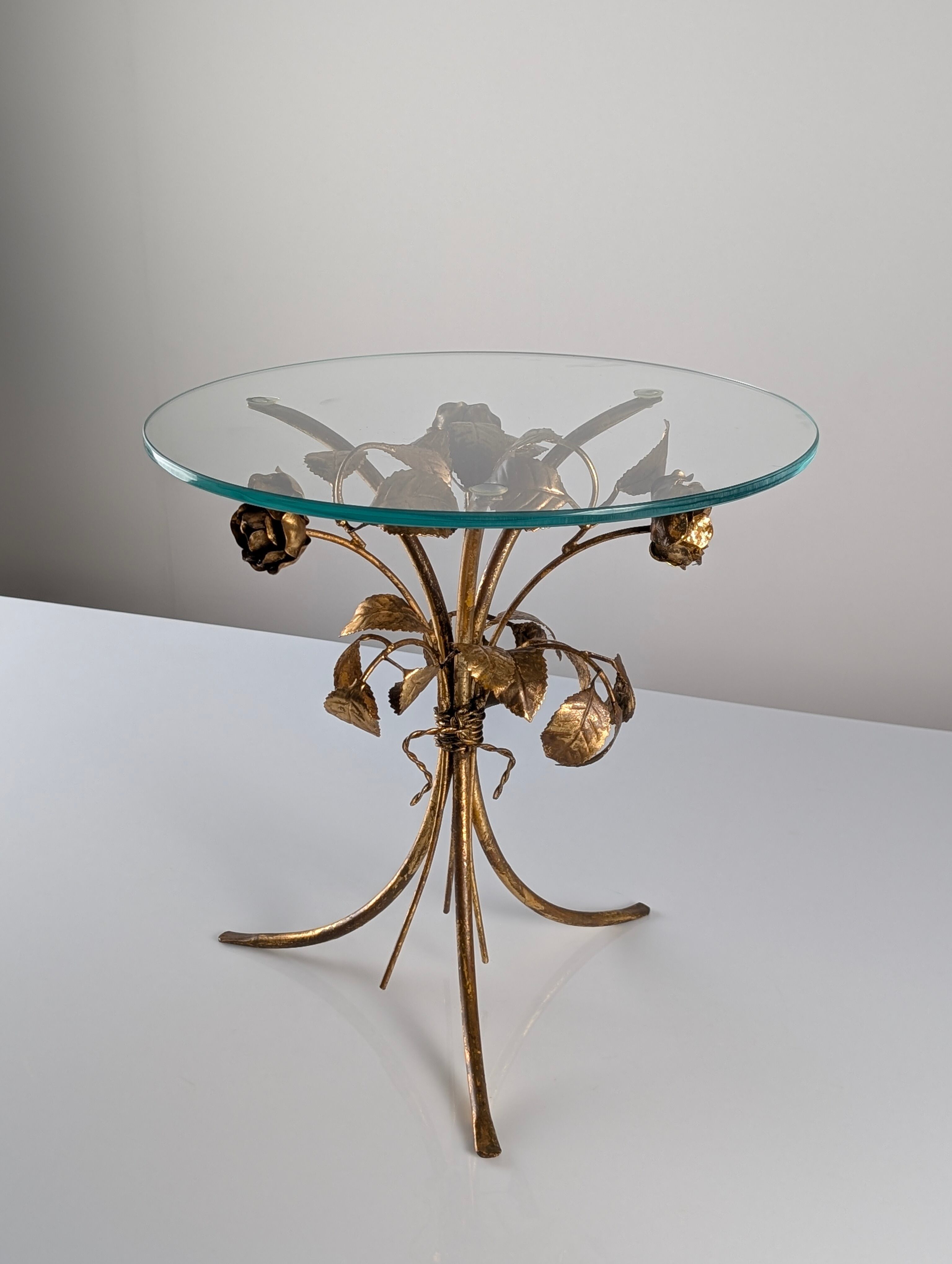 Mid-century side table in gilded metal with roses and glass top, 1970s