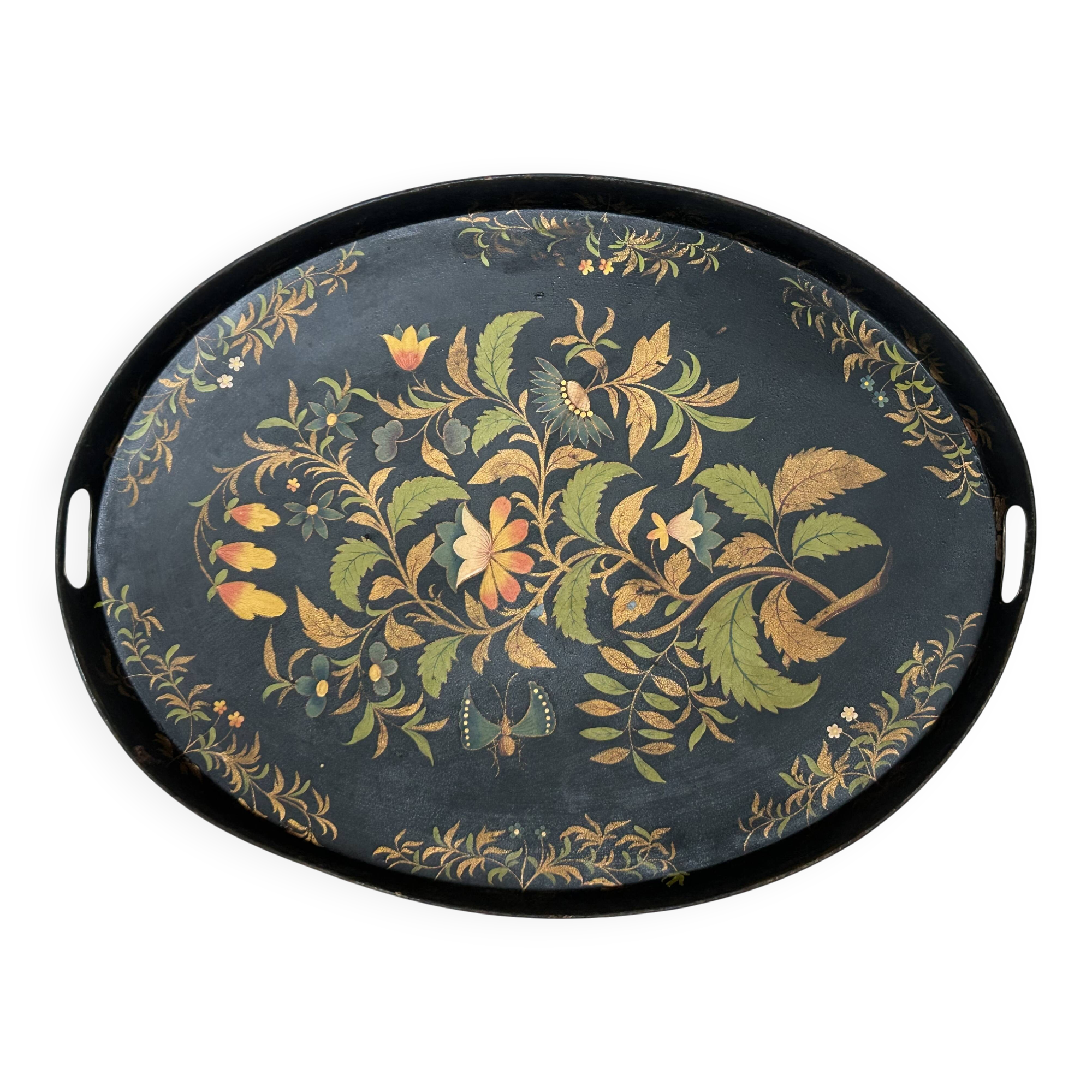 Oval tray, 19th century, hand-painted sheet metal, butterfly & bouquet, Napoleon III