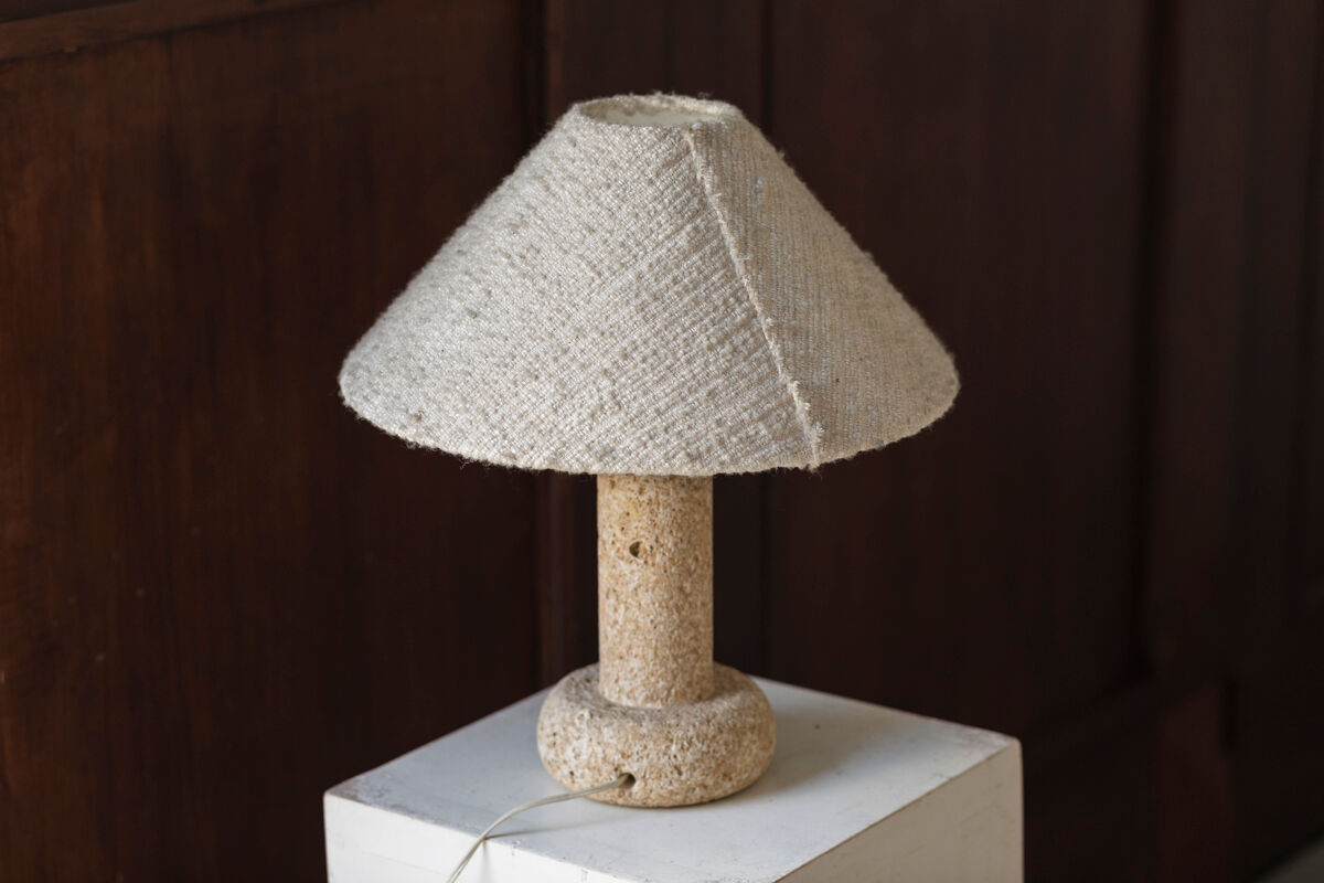 Limestone table lamp with woolen shade, France 1970’s