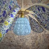 Pendant light, chandelier, rattan petals and fabric flower and blue Clichy globe