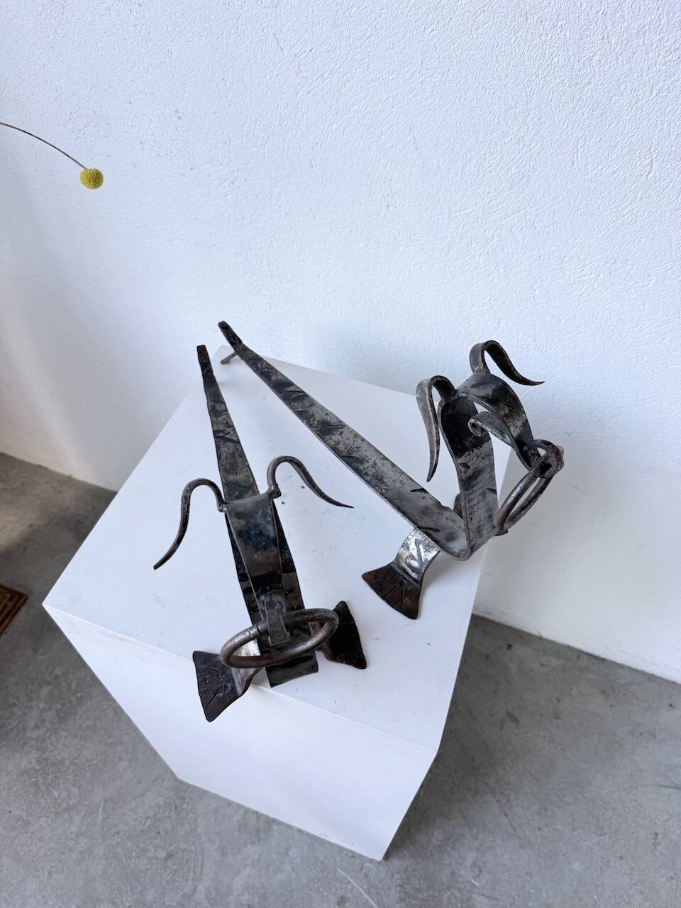 Pair of zoomorphic metal andirons "dogs" 1950