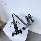 Pair of zoomorphic metal andirons "dogs" 1950