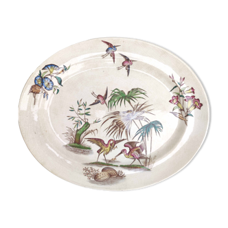 Plat porcelaine décor héron et bambou