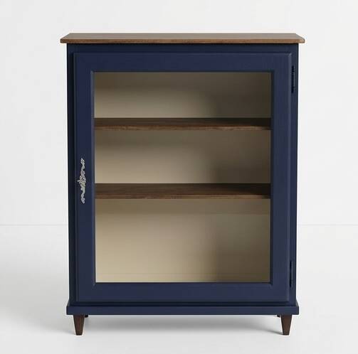 Vintage low glass-fronted library in midnight blue, 1950s.
