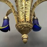 Solid bronze Art Deco style chandelier with iconic handmade lampshades.