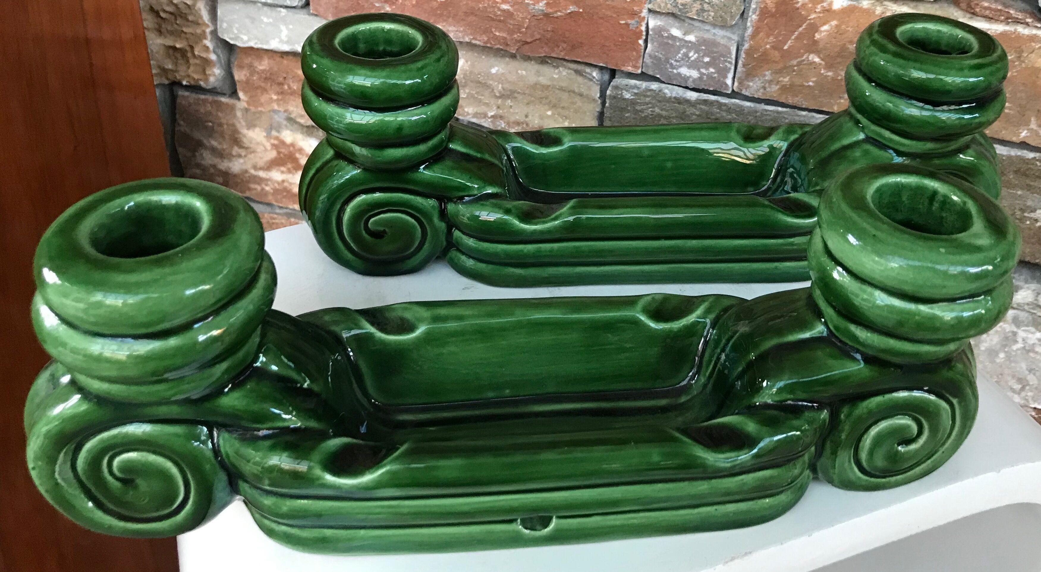 Pair of ceramic candlesticks green years 50