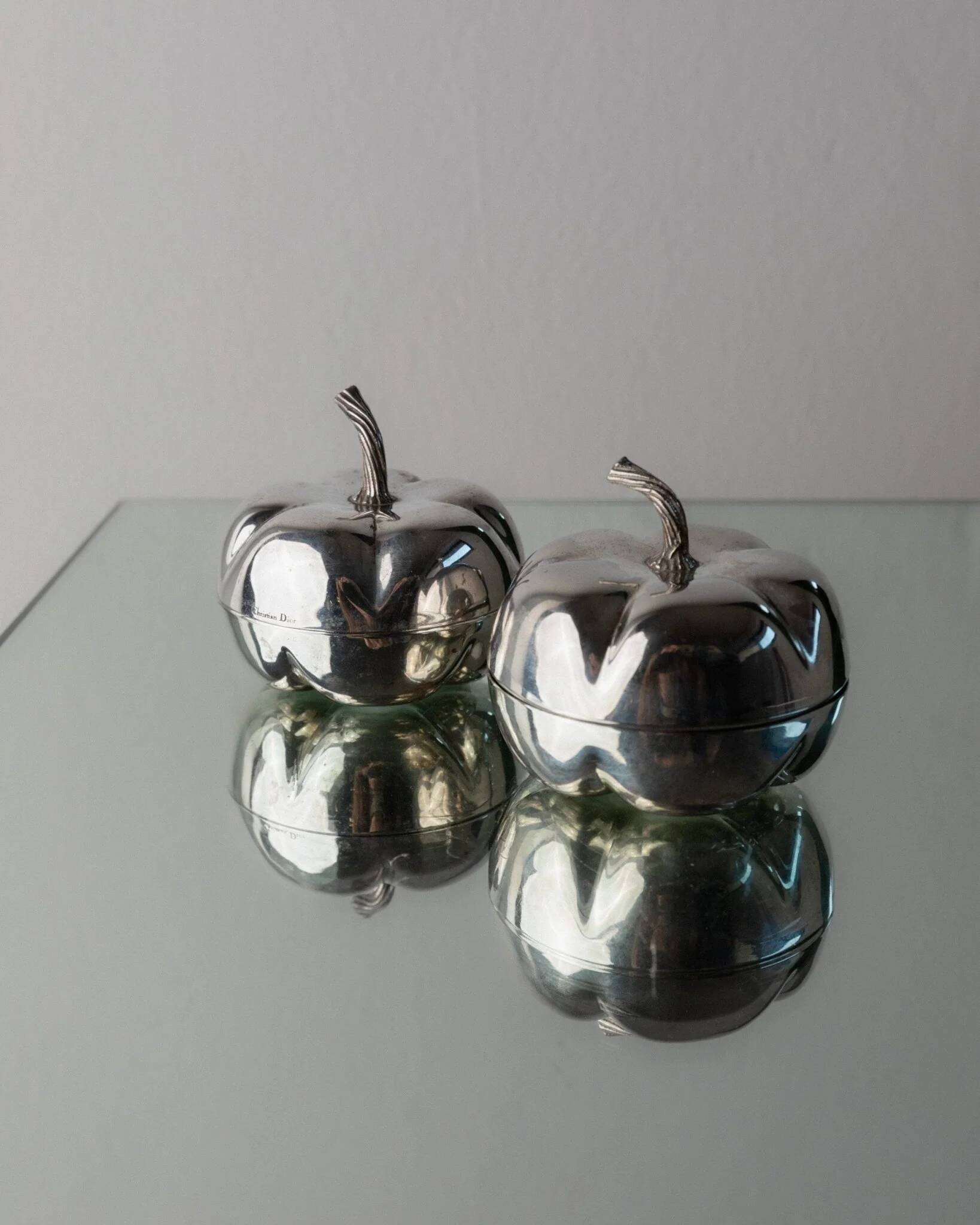 Silver-plated vintage Christian Dior Pumpkin set: two lidded metal bowls with removable integrated lighter, 1970s