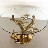 Coffee table in tree shape in full brass and cut glass, 1970s