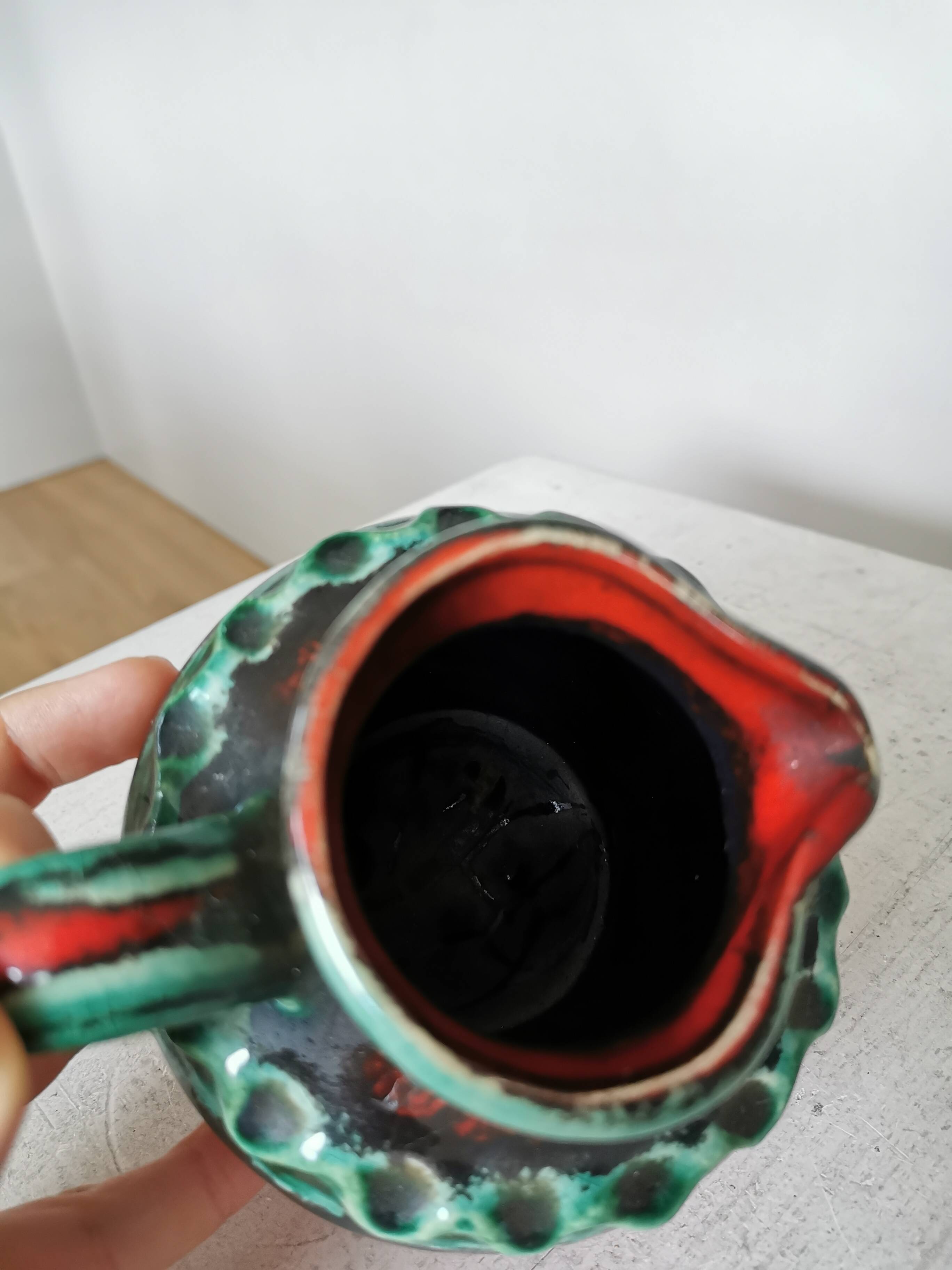 Fat Lava Pitcher Vase: Red Black Green Glaze, West German Pottery