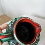 Fat Lava Pitcher Vase: Red Black Green Glaze, West German Pottery