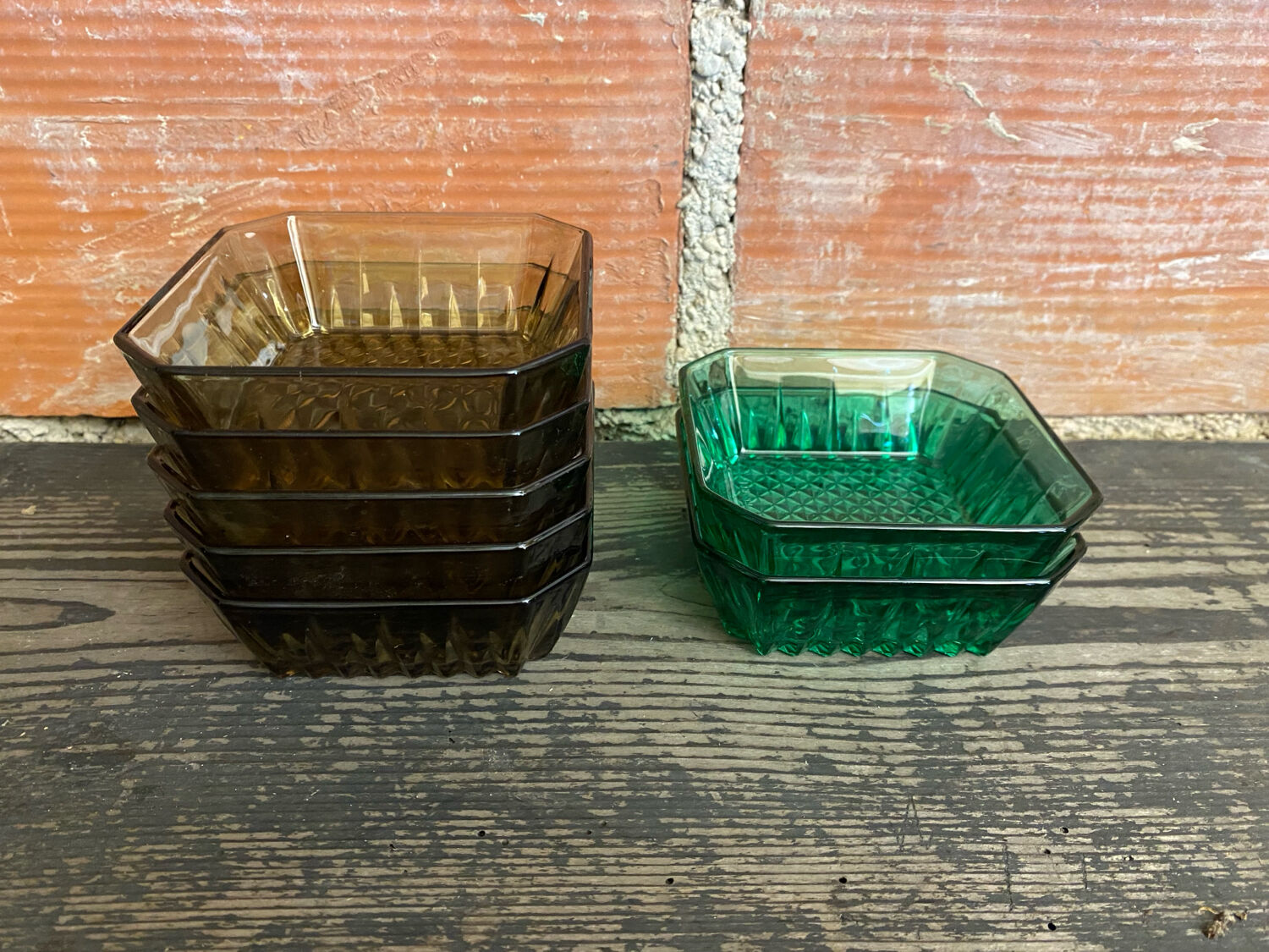 Set of 7 Antique ARCOROC Molded Glass Ramekins/Bowls, Smoked & Vintage Green