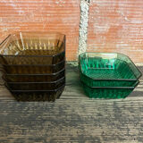 Set of 7 Antique ARCOROC Molded Glass Ramekins/Bowls, Smoked & Vintage Green