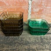 Set of 7 Antique ARCOROC Molded Glass Ramekins/Bowls, Smoked & Vintage Green