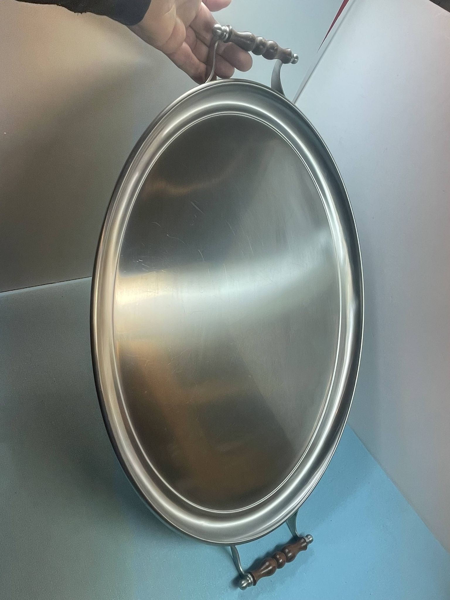 oblong tray in stainless steel and wood by goldsmith Jean Couzon