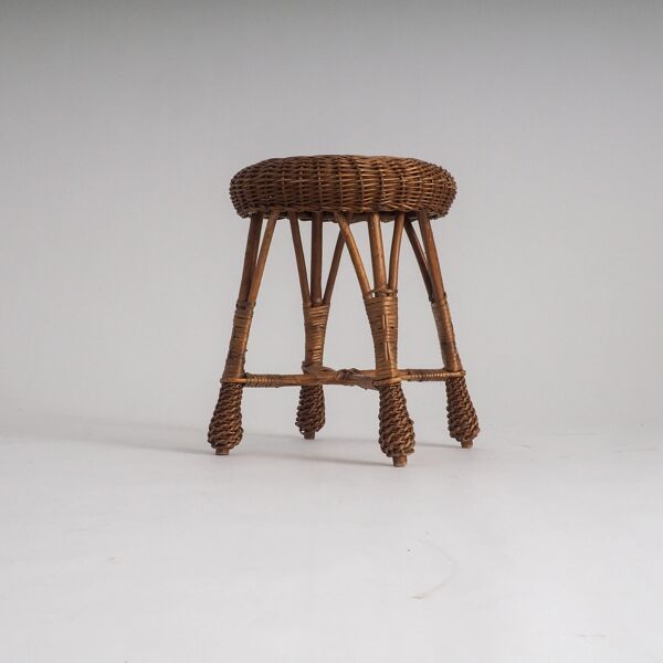Tabouret vintage en rotin et osier – support de plante