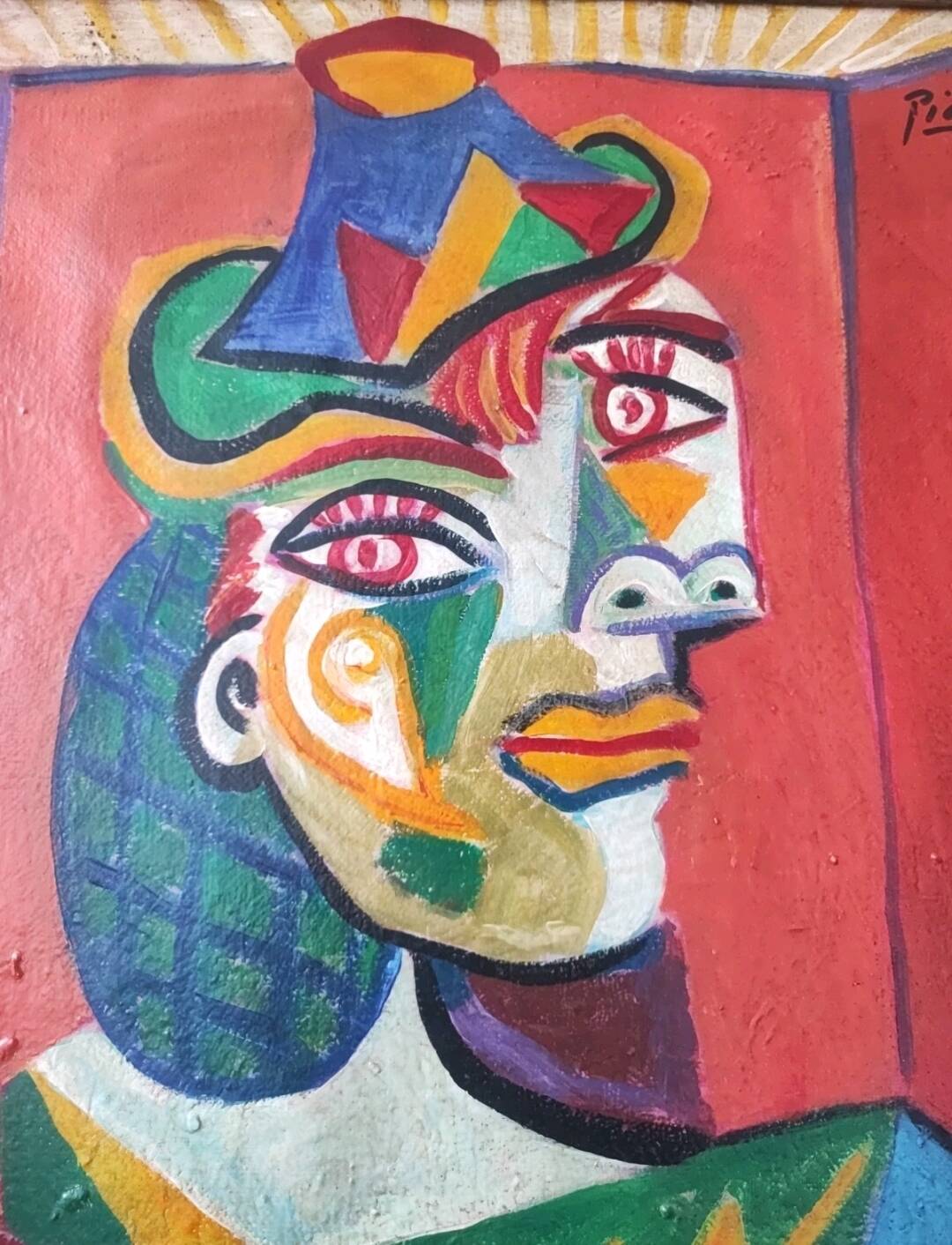 Portrait cubiste vintage d'une femme au chapeau, huile sur toile, rue Picasso