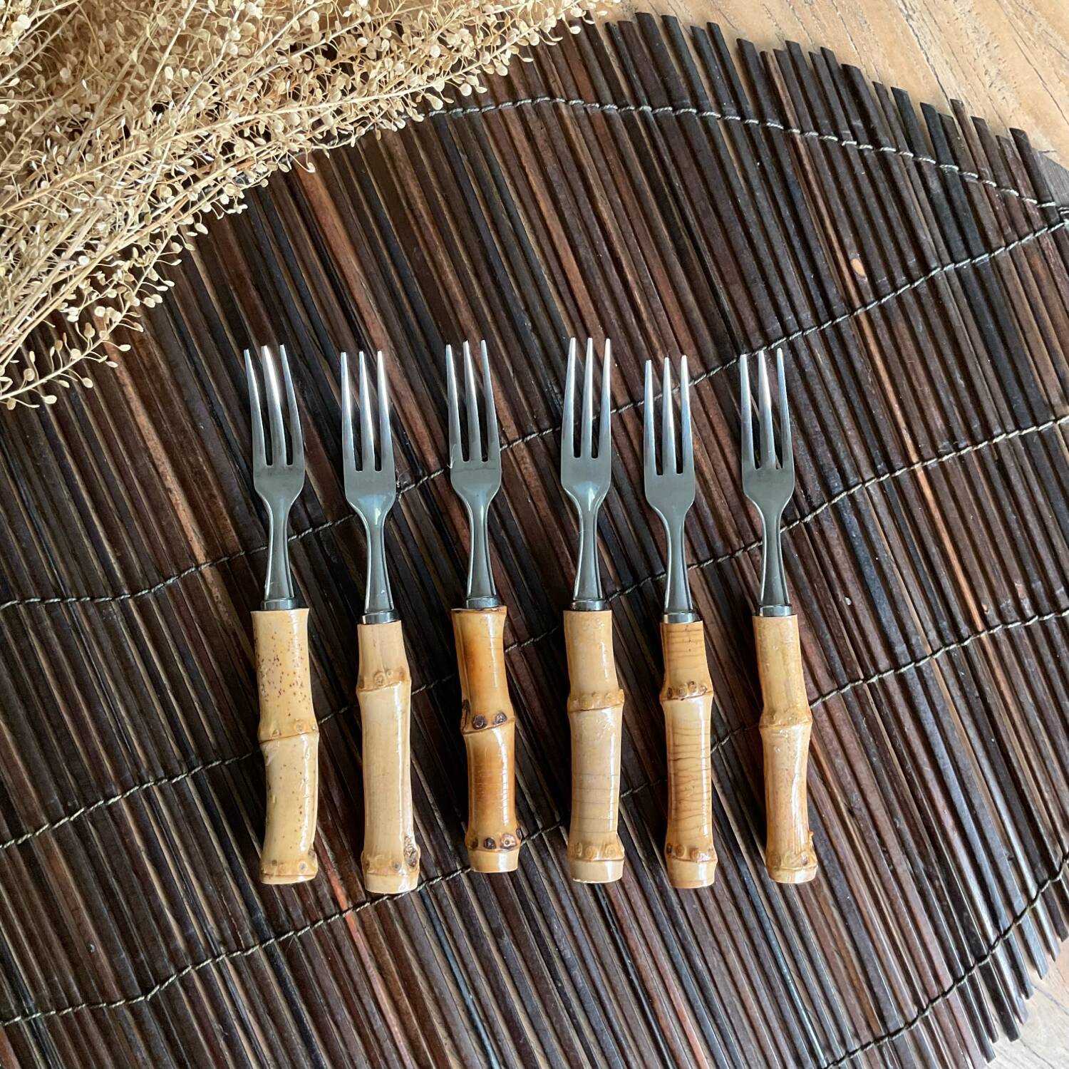 6 small vintage bamboo forks