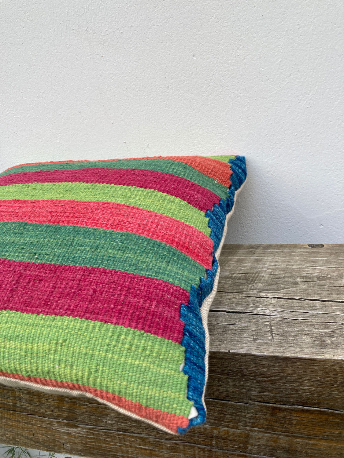 Turkish kilim cushion with stripes green red orange and blue 50x50cm