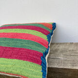 Turkish kilim cushion with stripes green red orange and blue 50x50cm