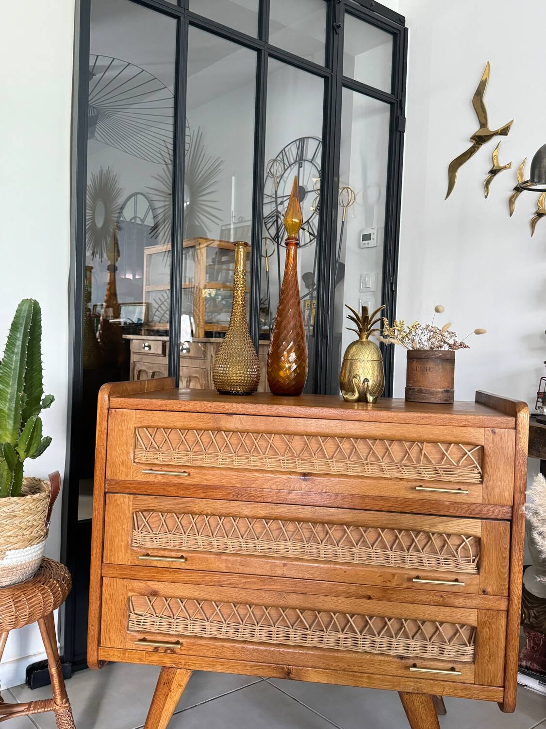 Old vintage wooden and rattan chest of drawers