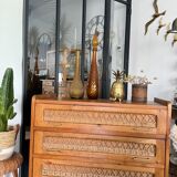 Old vintage wooden and rattan chest of drawers