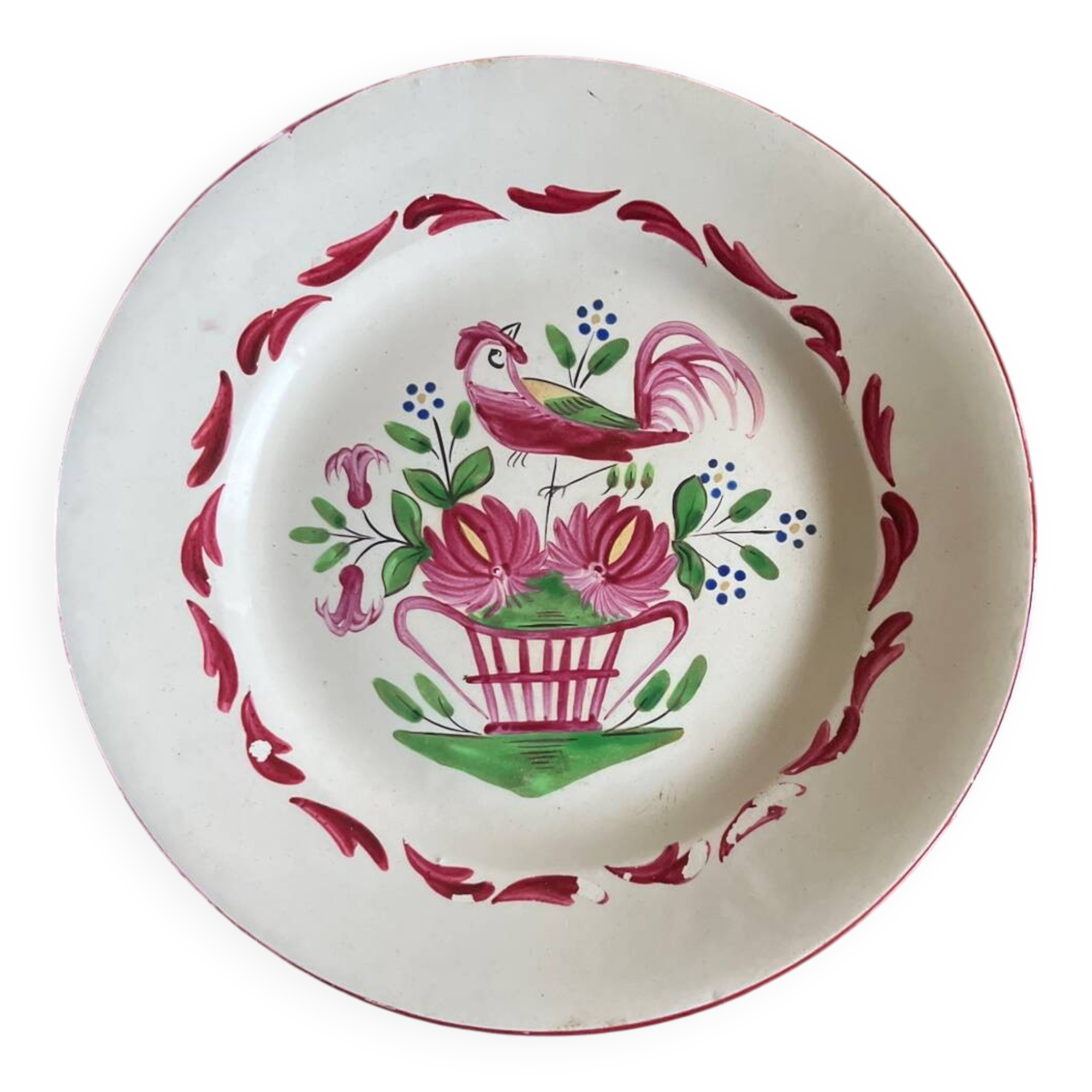 Assiette à l oiseau et panier fleuri . Luneville
