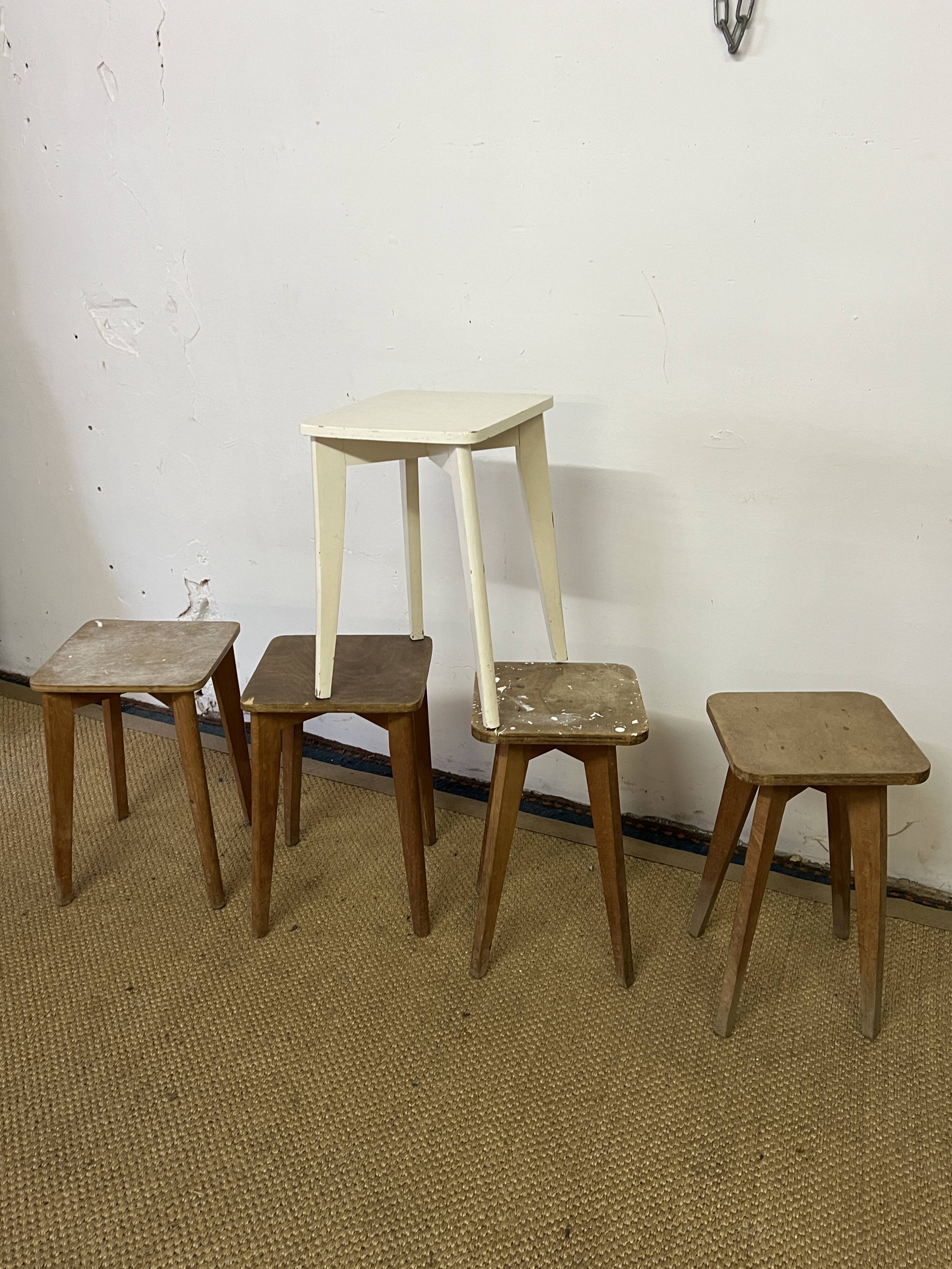 Series of 5 vintage wooden workshop stools
