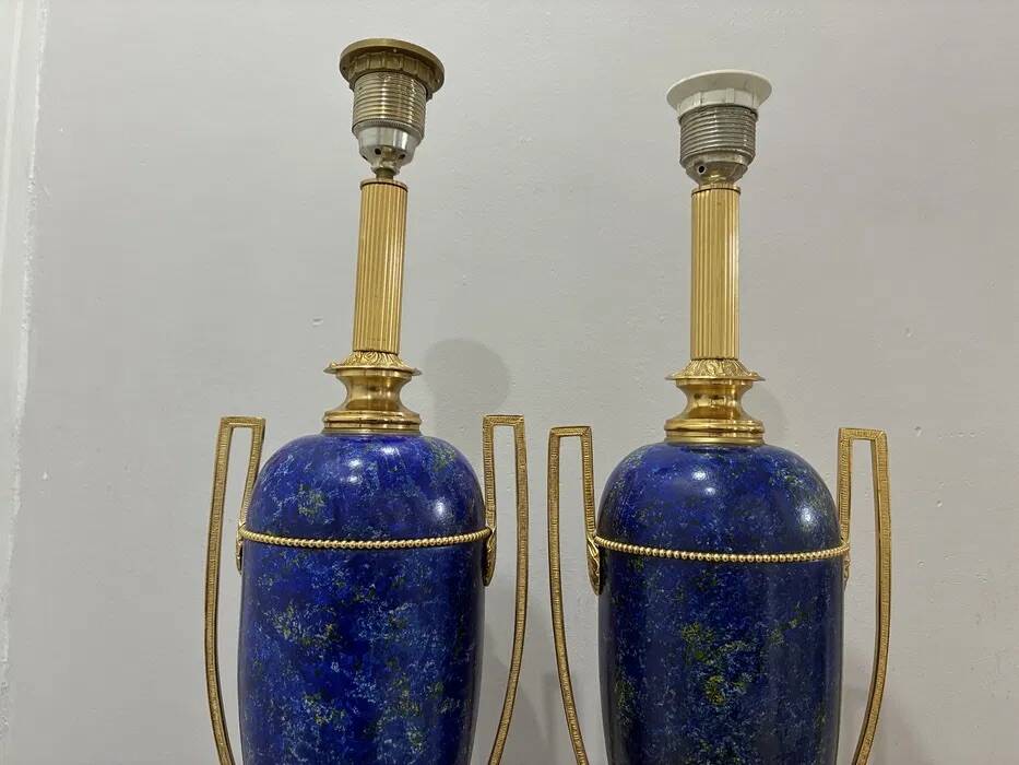 Giulia Mangani Table Lamps — Cobalt Porcelain & Brass, Pair 1990s