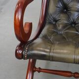 Green English-Style Cowhide Leather Chesterfield Armchair with Wood