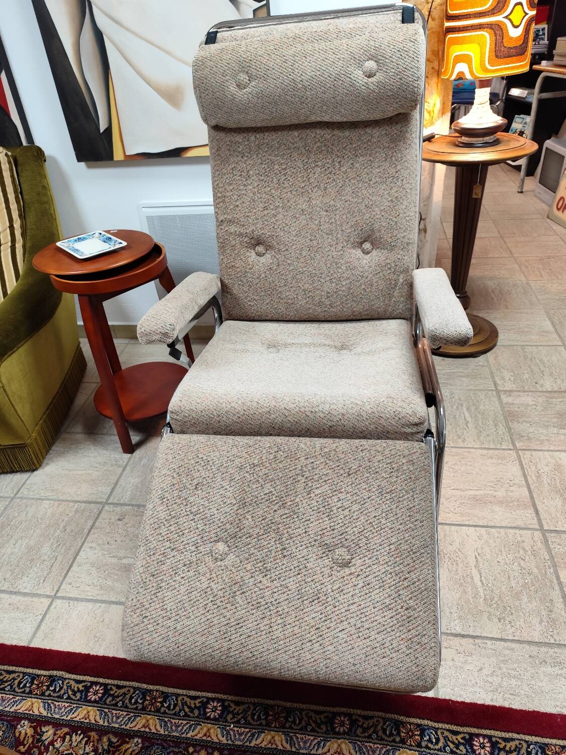 1970s fabric and stainless steel reclining armchair