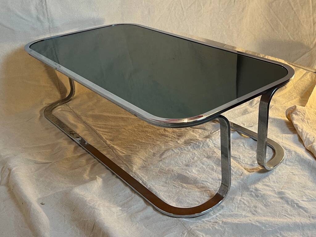 Vintage chrome coffee table with smoked glass, Space Age, 1970s.