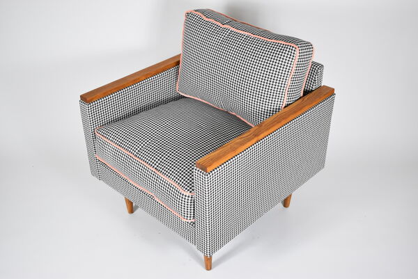 Fauteuil original du milieu du siècle, années 1970, restauré, pied de poule