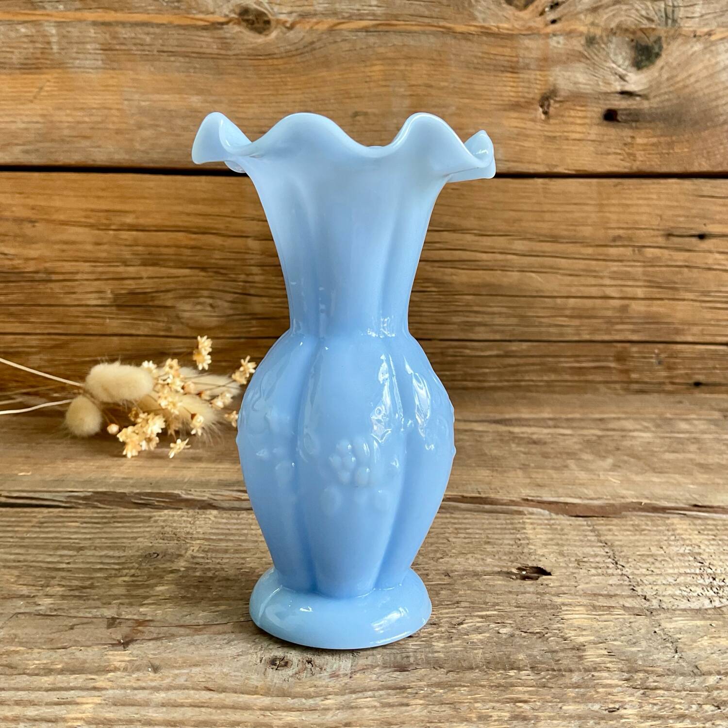 Small blue milk glass vase