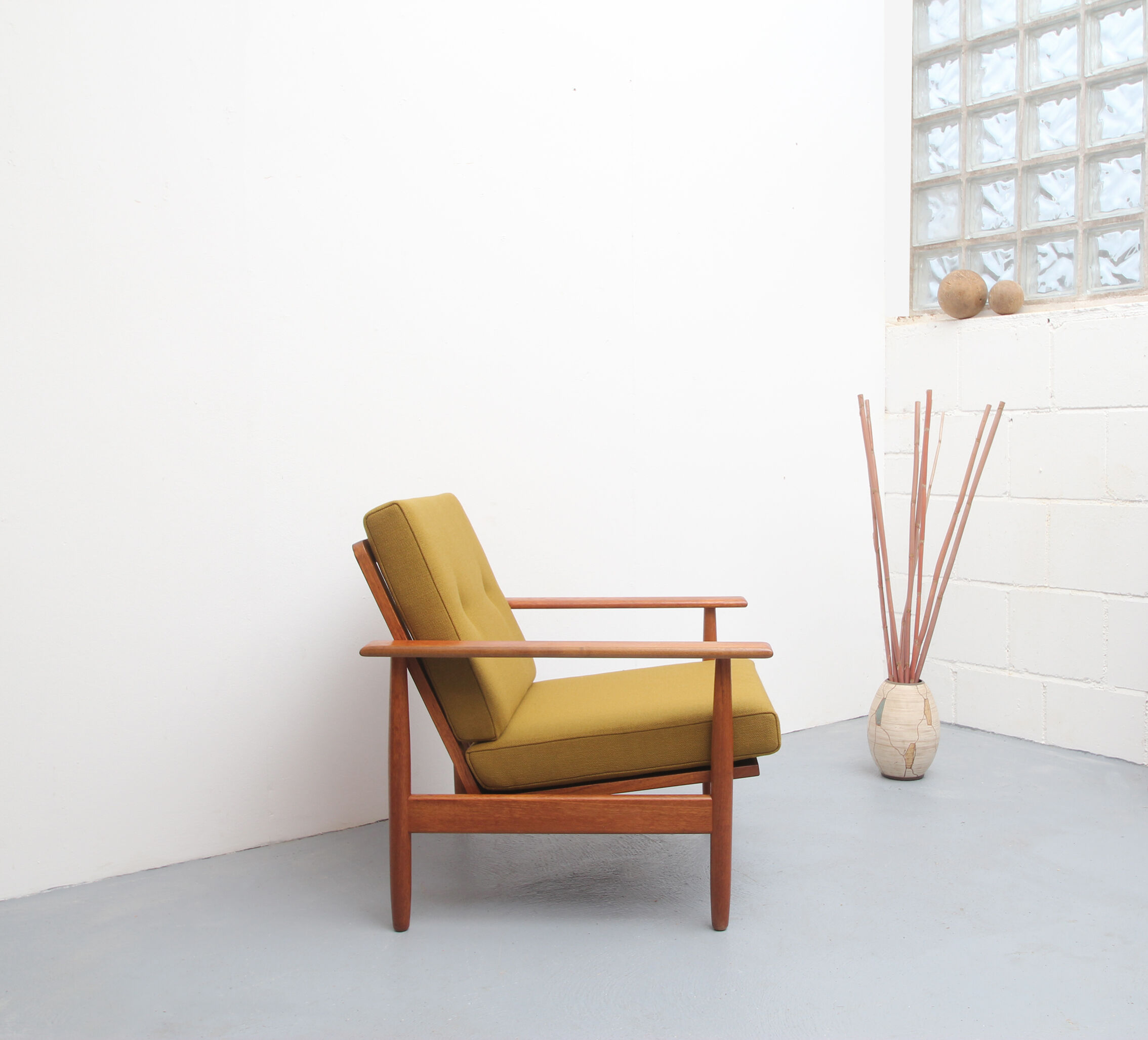 1960s armchair in teak, fabric mustard yellow