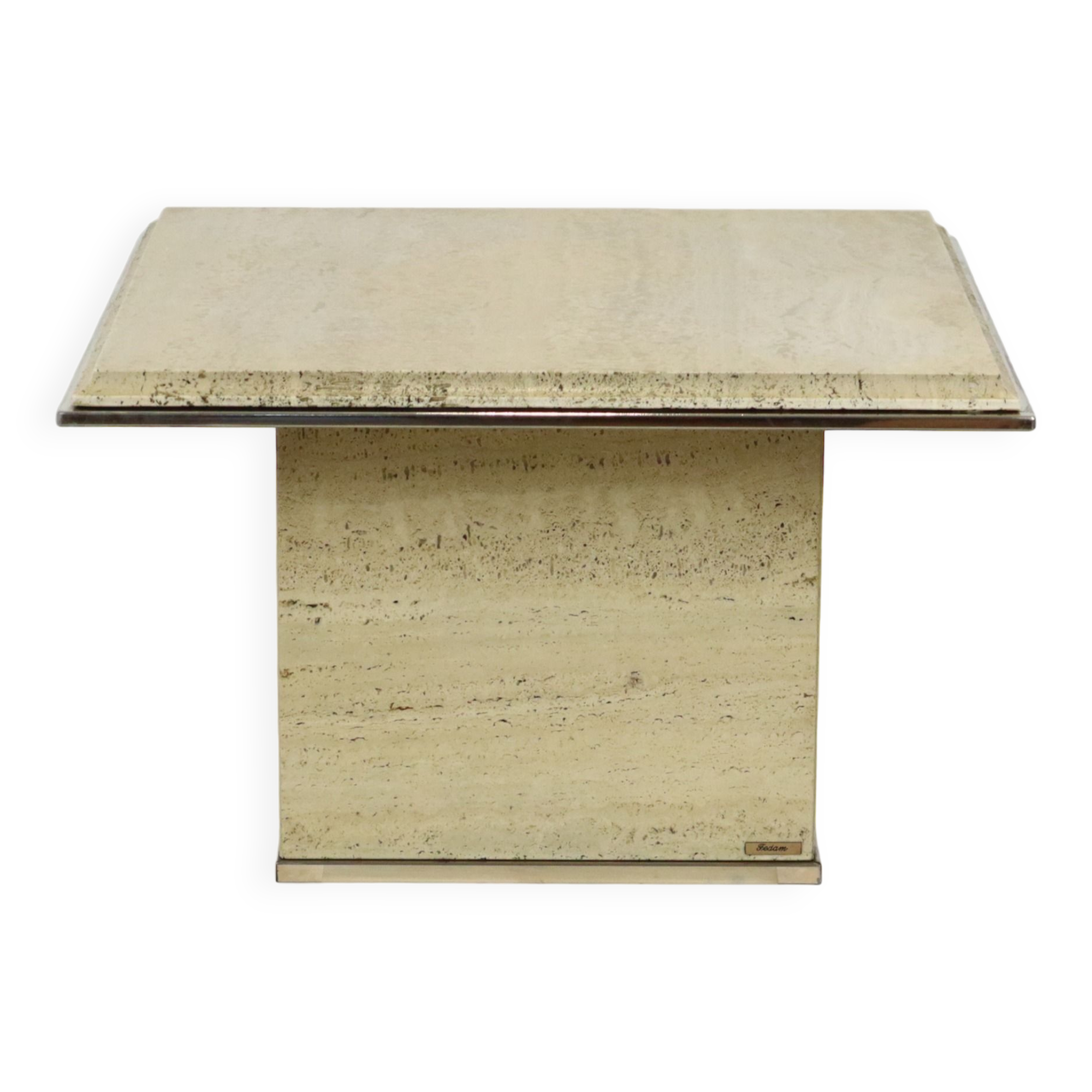 Vintage coffee table side table travertine chrome fedam belgium 1970s design