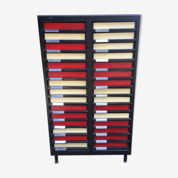 Vintage val-tex binder in black lacquered sheet metal with 2 rows of 15 pvc drawers.
