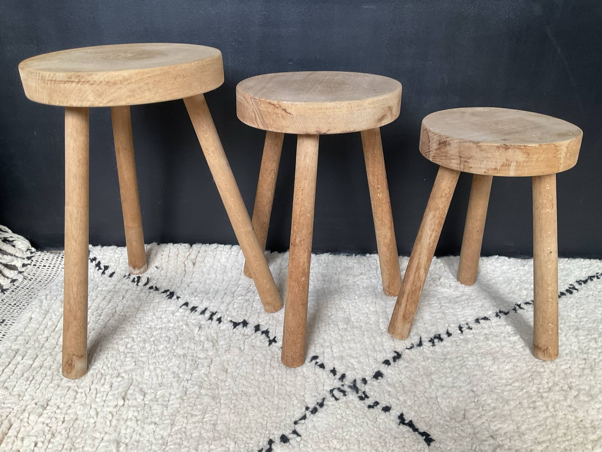 Set of 3 wooden tripod stools