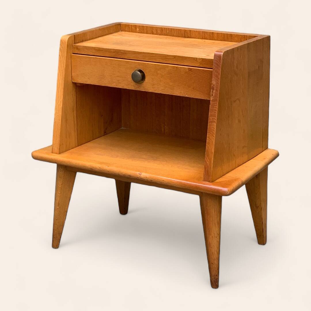Solid oak compass feet bedside table 1950