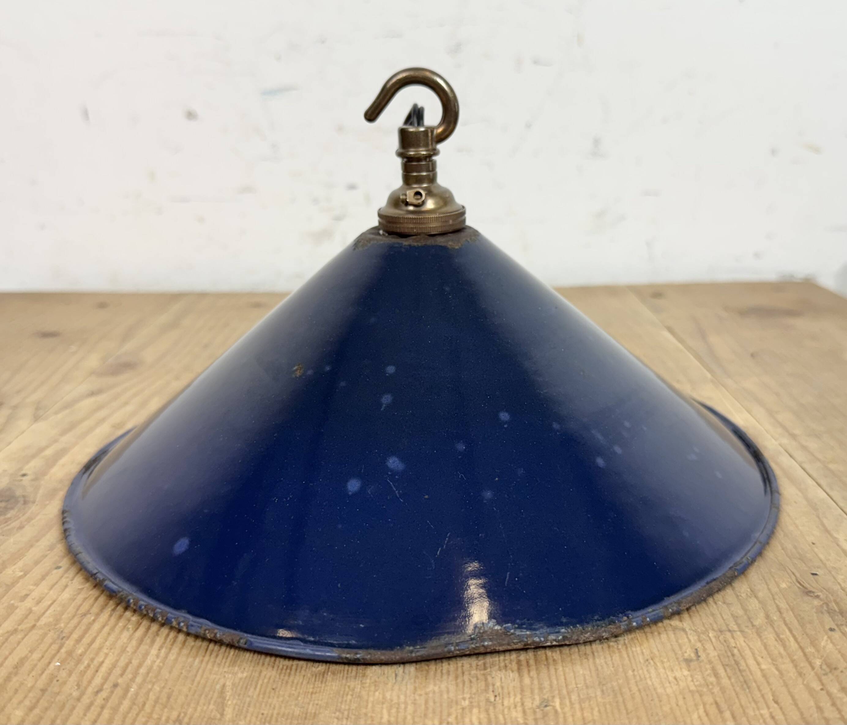 Industrial British Dark Blue Enamel Factory Pendant Lamp, 1950s