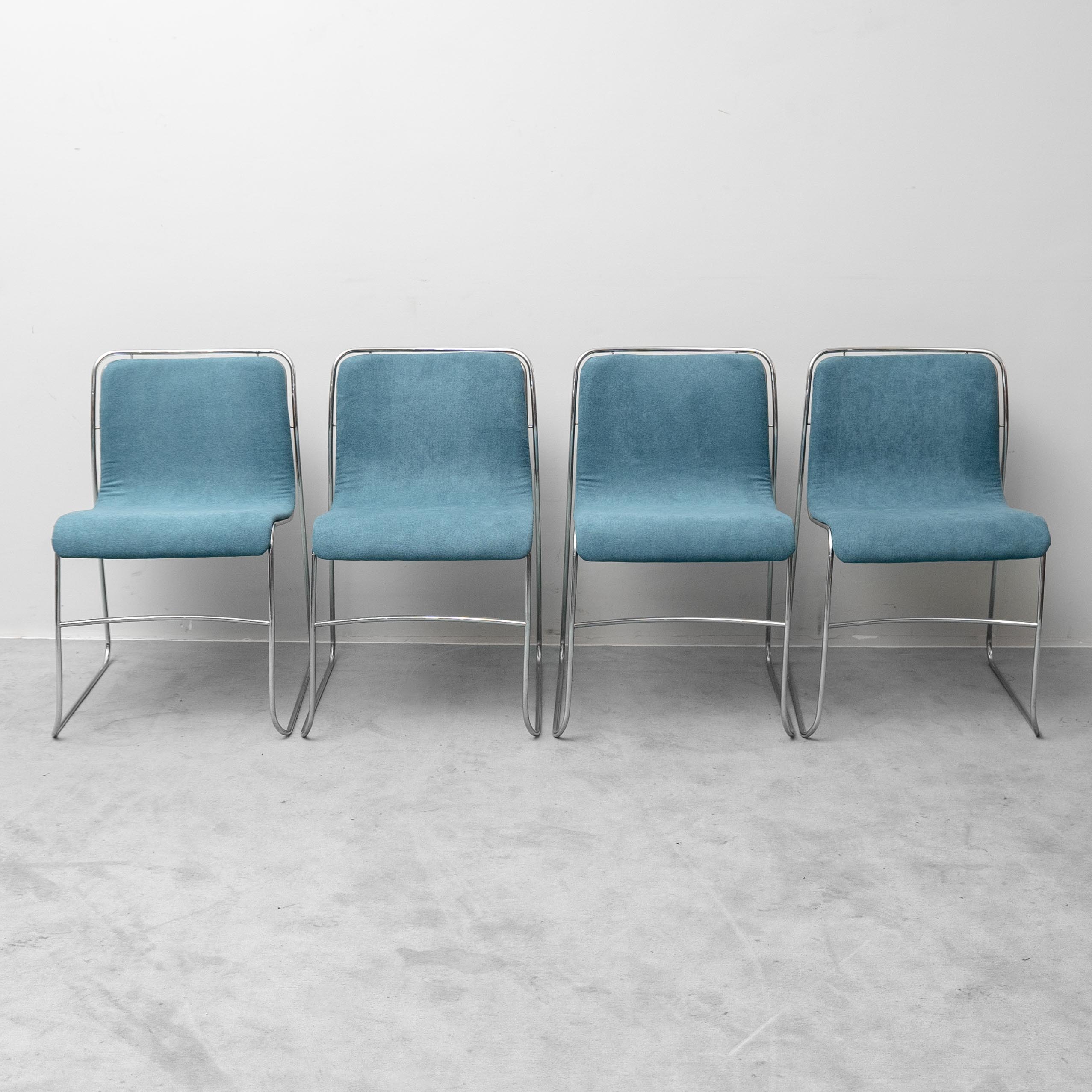 Set of 4 vintage metal and blue fabric chairs, 1970s modernist
