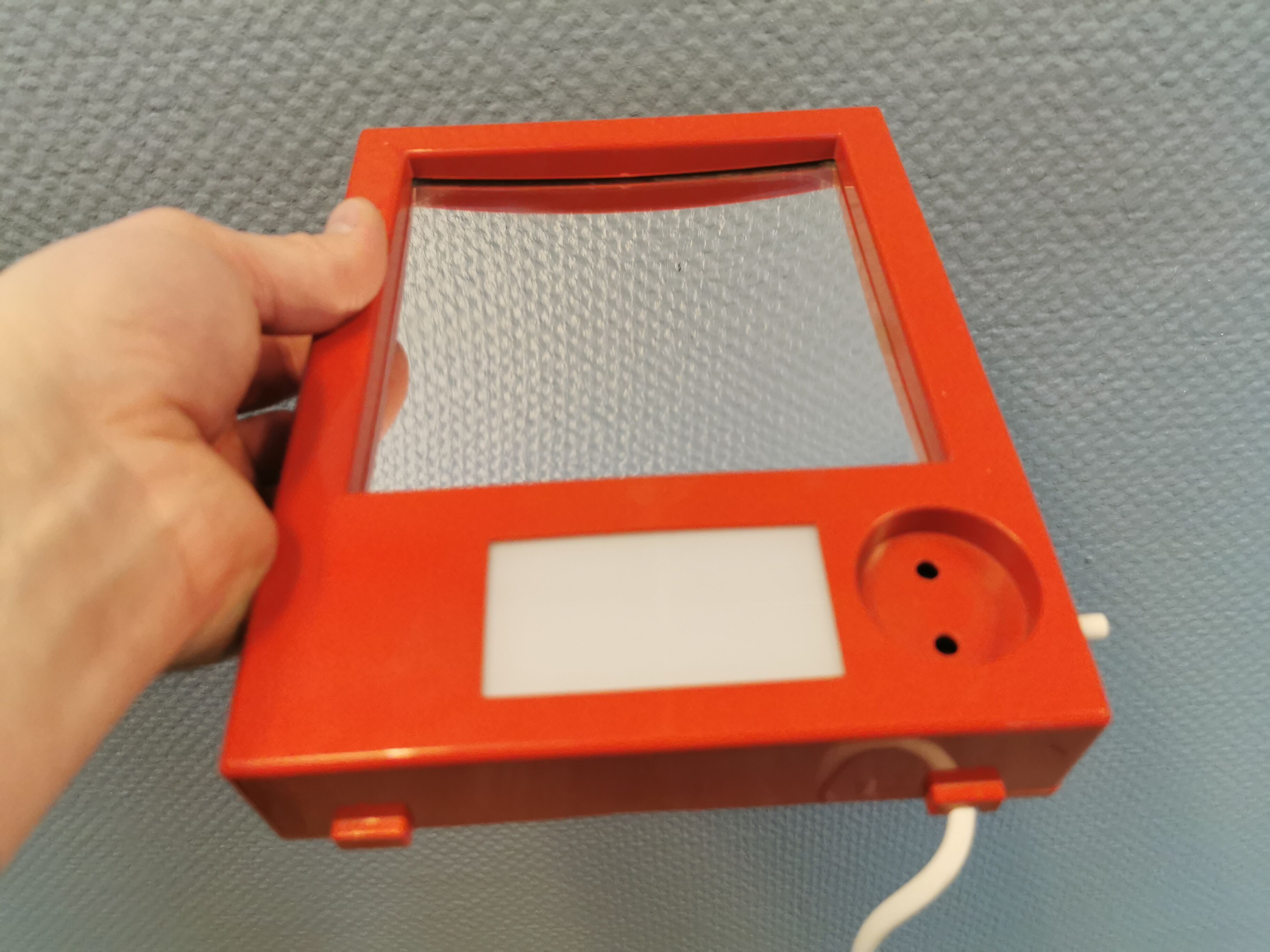 Red danish make up mirror with light and power plug from the 1970
