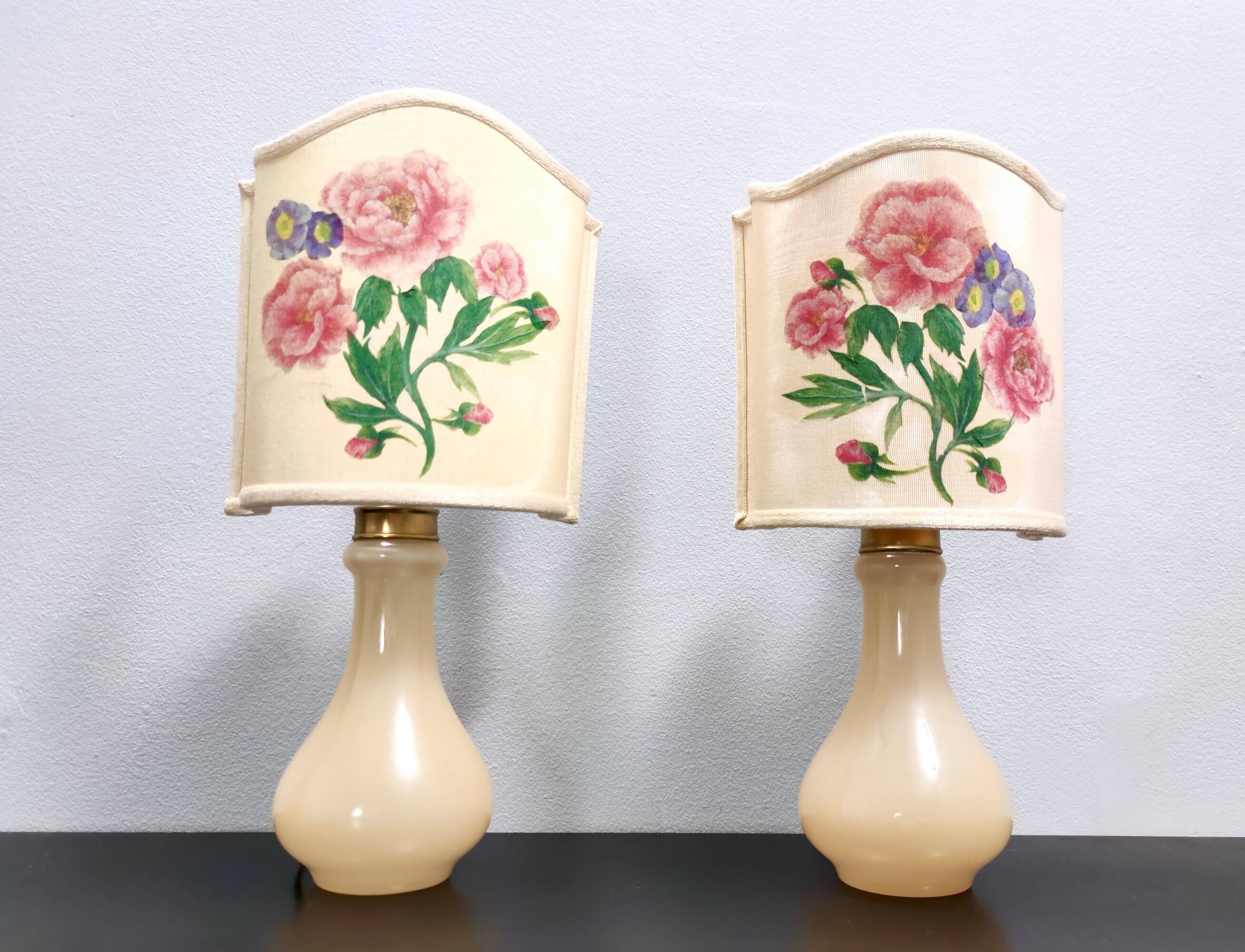 Pair of Murano Glass Table Lamps by Gino Cenedese with Floral Lampshades