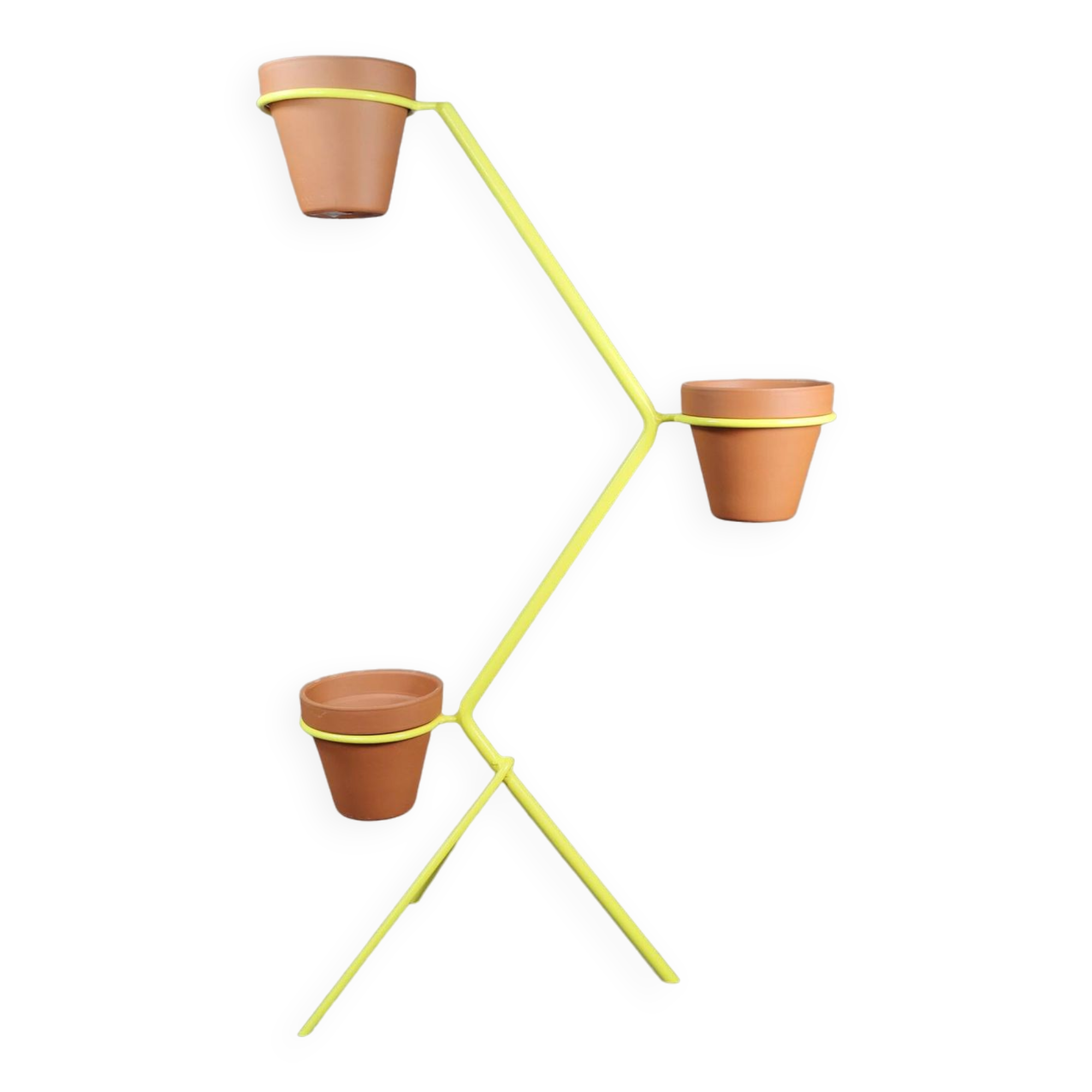 Support original de pot de plante en fer forgé jaune vif du milieu du siècle français des années 1950