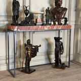 Pair of contemporary consoles in marble and metal.