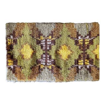 Tapis rya scandinave du milieu du siècle, vert, jaune ocre tapis de laine vintage
