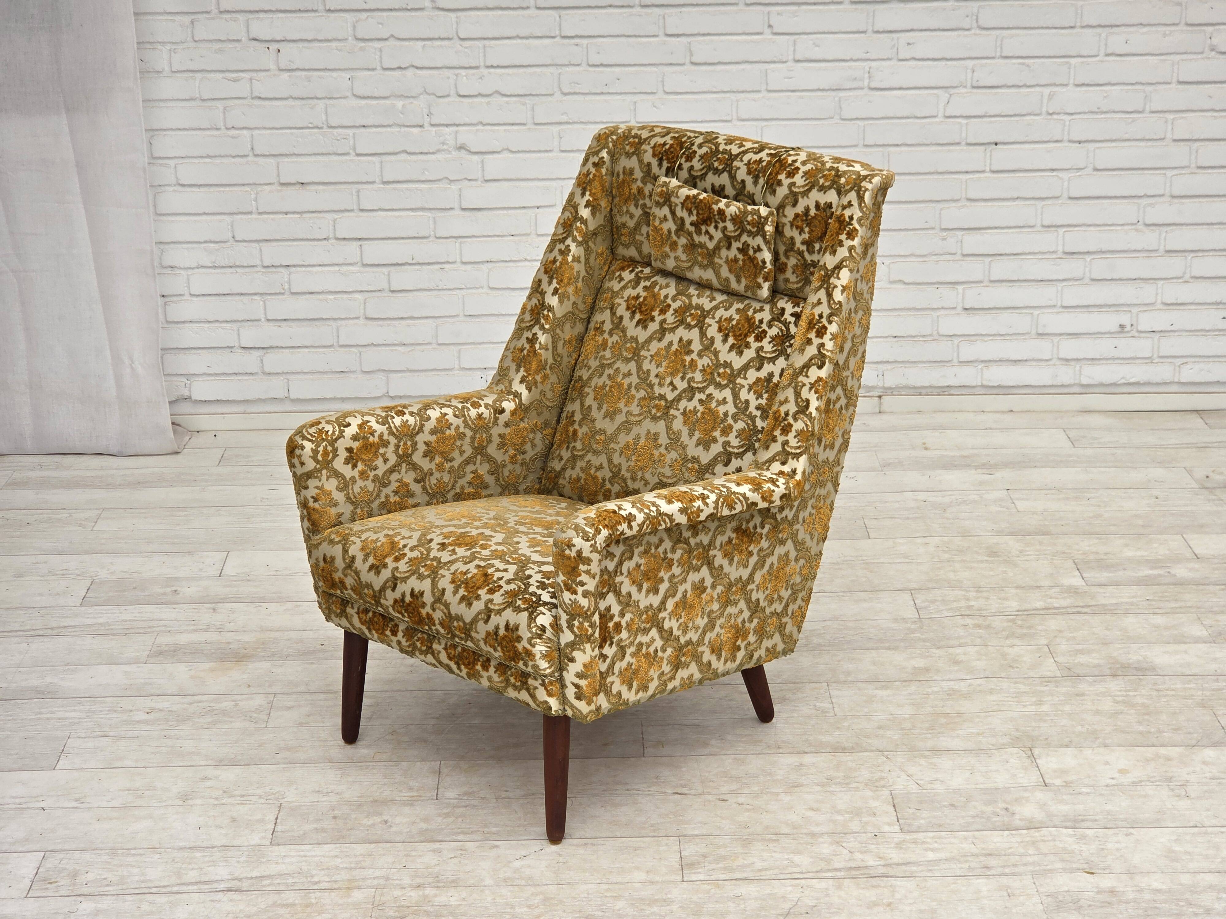 1970s, Danish highback armchair, Brown/beige furniture fabric, teak wood.