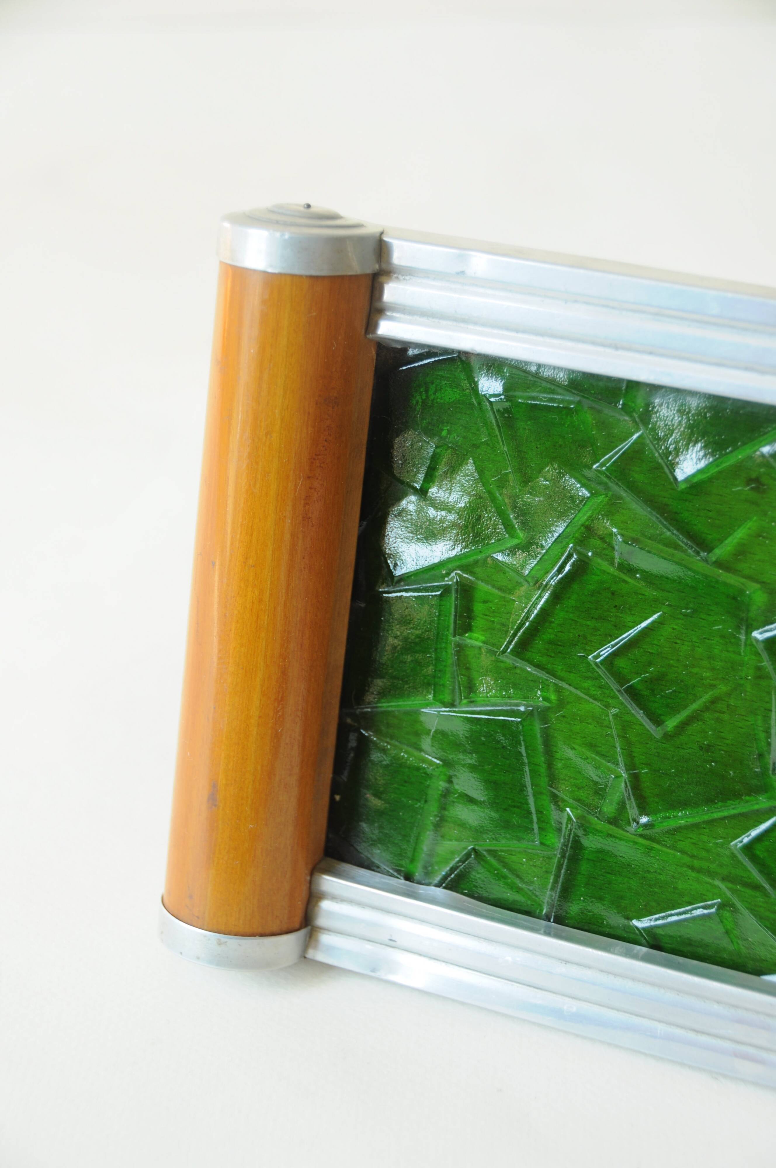 Original Art Deco vintage design plateau in green glass, wood and aluminium.